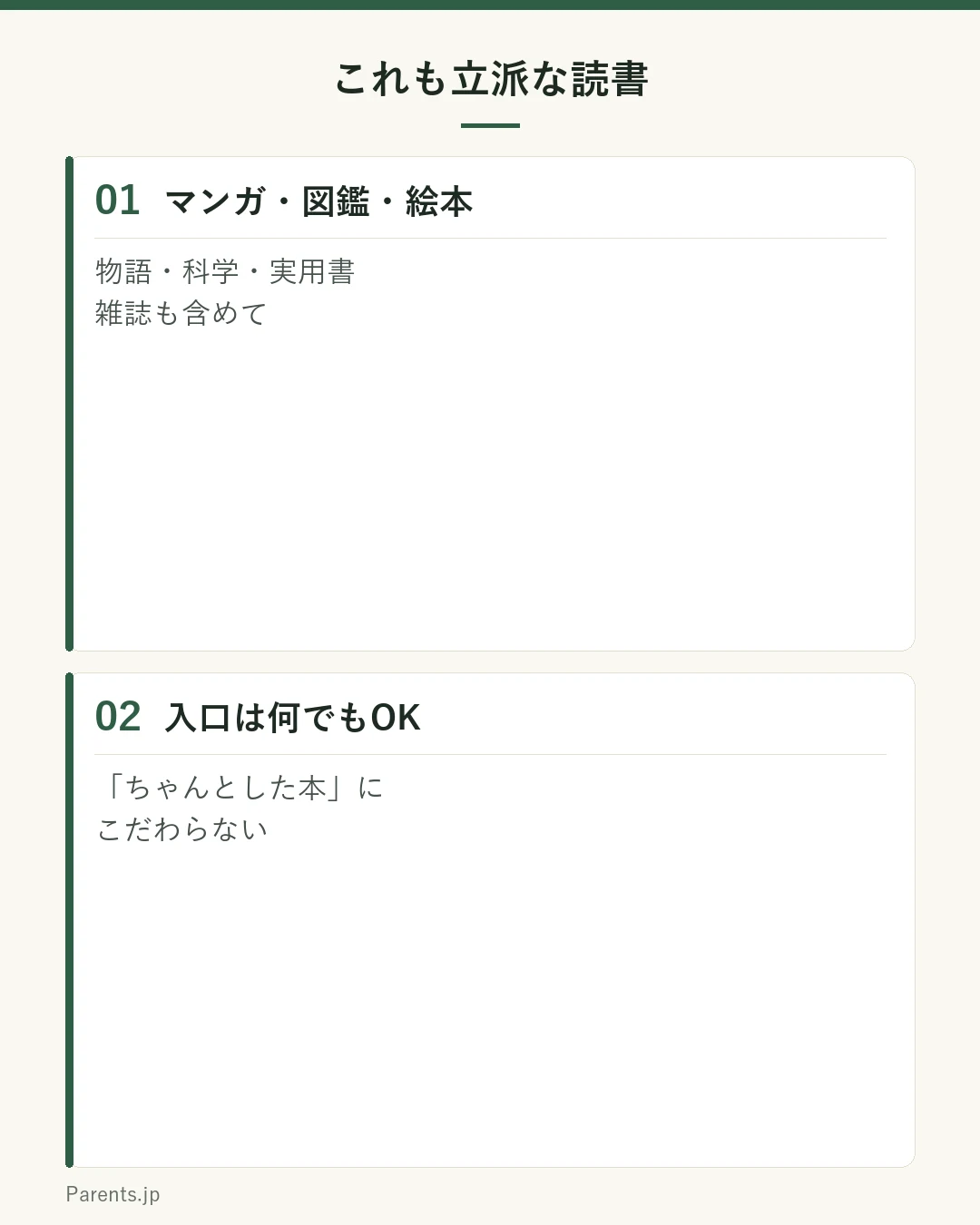 これも立派な読書、という図。マンガ・図鑑・絵本・物語・科学や実用書・雑誌にチェックがついている。入口は何でも大丈夫。